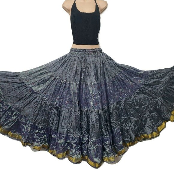 GOTH BOHO BELLY DANCE MAXI SKIRT 12 YD GRAY MULTI TRIBAL SILK BLEND S M L XL XXL - Picture 1 of 10